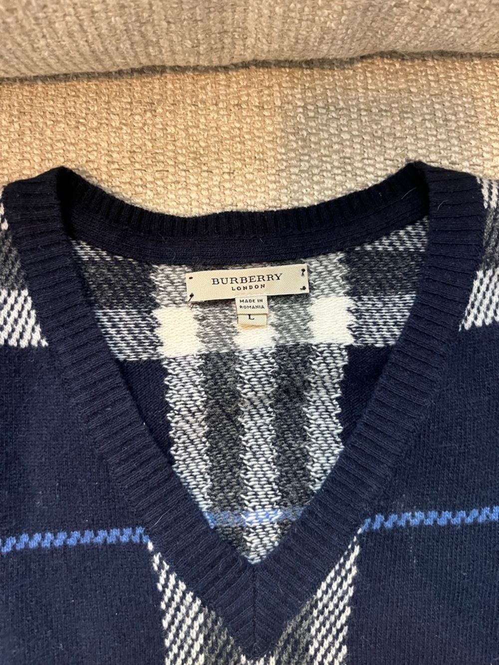 Burberry Navy and White Plaid V-Neck Sweater - Picture 2 of 4